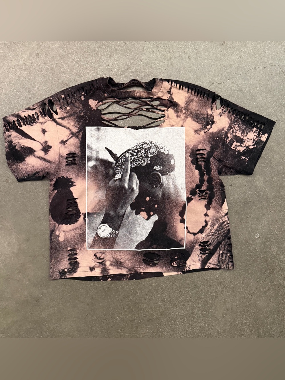 Women's Distressed Graphic Crop Top - Pink & Black